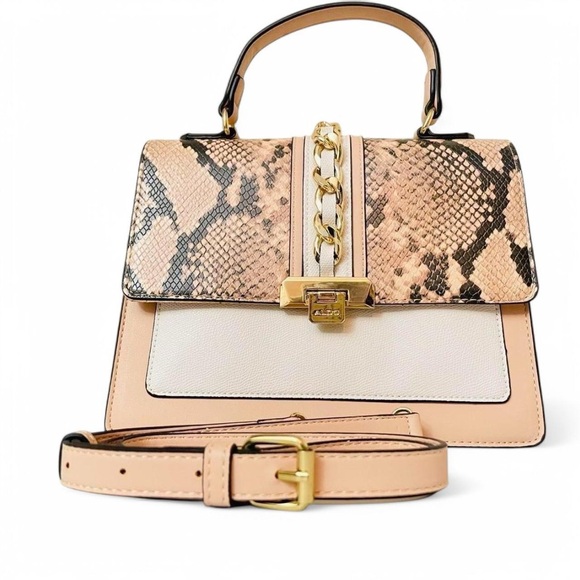 Aldo Pink and Cream Snakeskin(Faux) Crossbody With Elegant Gold Hardware - Picture 1 of 5